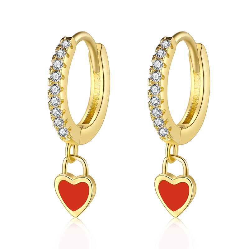 Sterling Silver Red Heart Hoop Earrings with Zircon Inlay