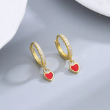 Sterling Silver Red Heart Hoop Earrings with Zircon Inlay