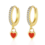 Sterling Silver Red Heart Hoop Earrings with Zircon Inlay