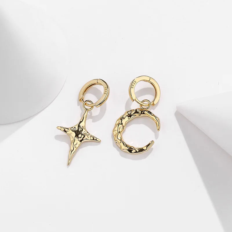 925 Silver Star Moon Earrings 18k Texture Circle Hoop Women Jewelry