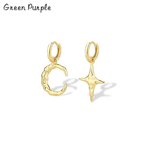 925 Silver Star Moon Earrings 18k Texture Circle Hoop Women Jewelry