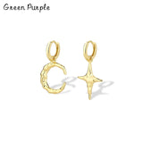 925 Silver Star Moon Earrings 18k Texture Circle Hoop Women Jewelry
