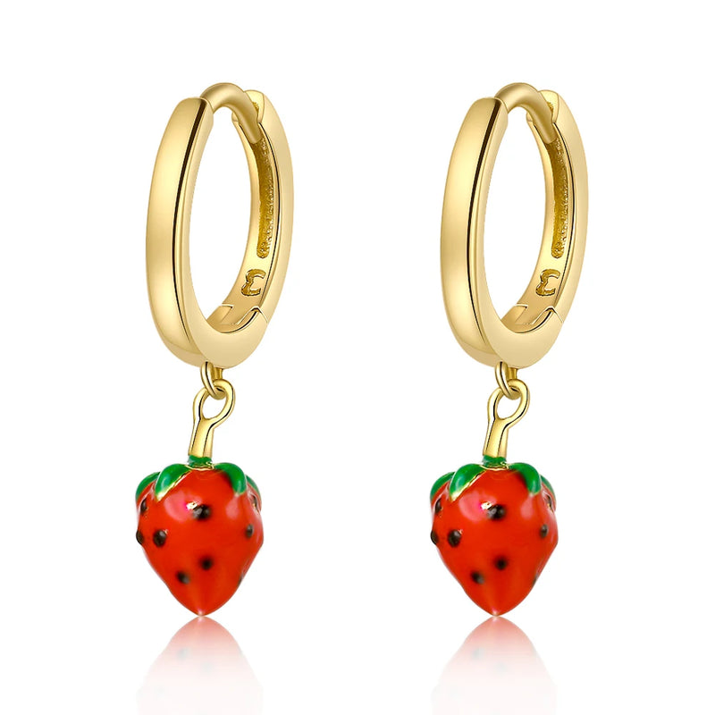 925 Silver Strawberry Drop Earrings for Women 18k Hoops