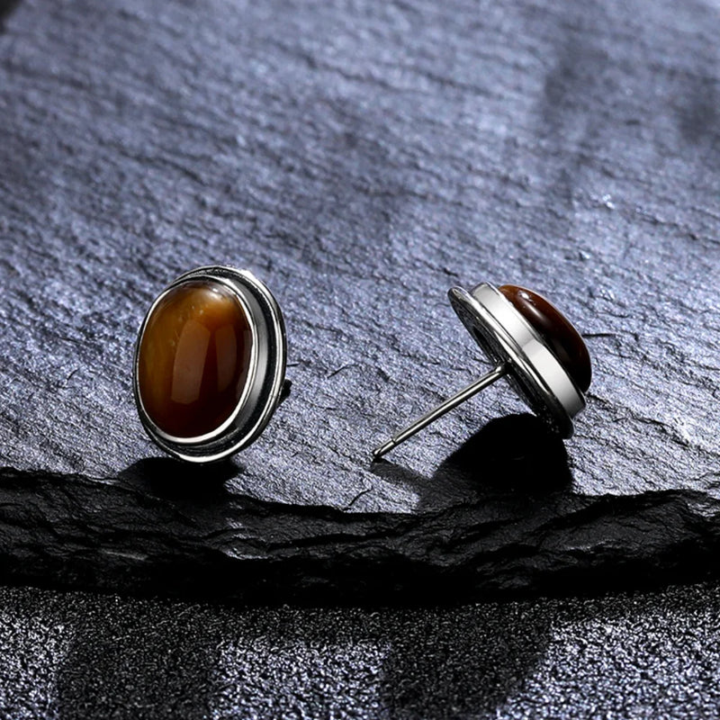 925 Silver Tiger's Eye Stud Earrings Retro Rhodochrosite Stone Jewelry