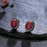 925 Silver Tiger's Eye Stud Earrings Retro Rhodochrosite Stone Jewelry