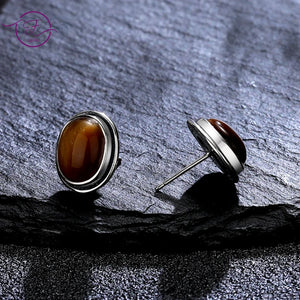 925 Silver Tiger's Eye Stud Earrings Retro Rhodochrosite Stone Jewelry