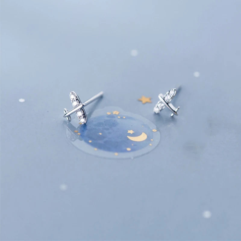 Sterling Silver Airplane Women's Stud Earrings, Small Diamond Airplane