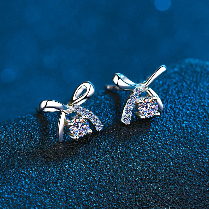 Sterling Silver Bow Earrings 0.5ct Moissanite Diamond Stud Earrings
