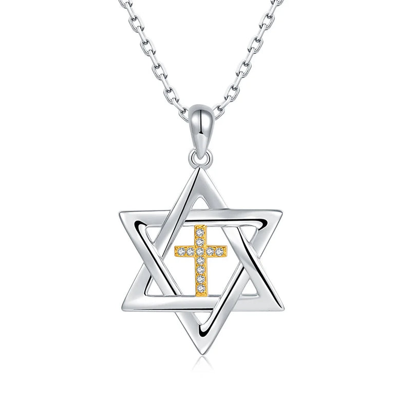 Sterling Silver Cross Star of David Pendant Necklace