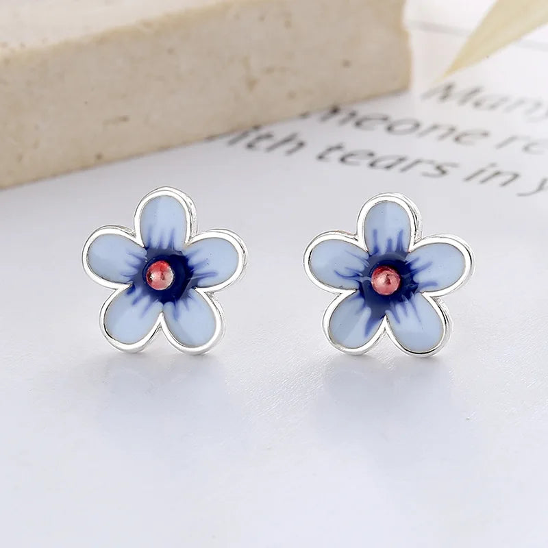Vintage Chinese Enamel Flower Earrings 925 Silver Lady Earrings