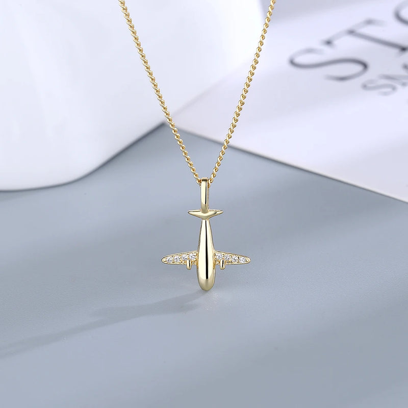 Sterling Silver Zircon Aircraft Pendant Necklace