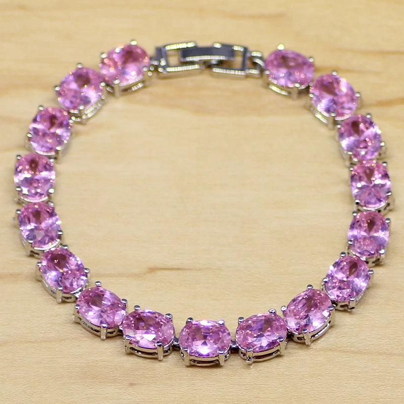 Sterling Silver Pink CZ Chain & Link Bracelet for Women