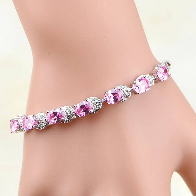 Sterling Silver Pink CZ Charm Bracelet for Women