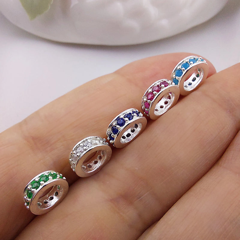 925 Silver Zircon Stone Beads, Round Spacer Beads for Jewelry Making