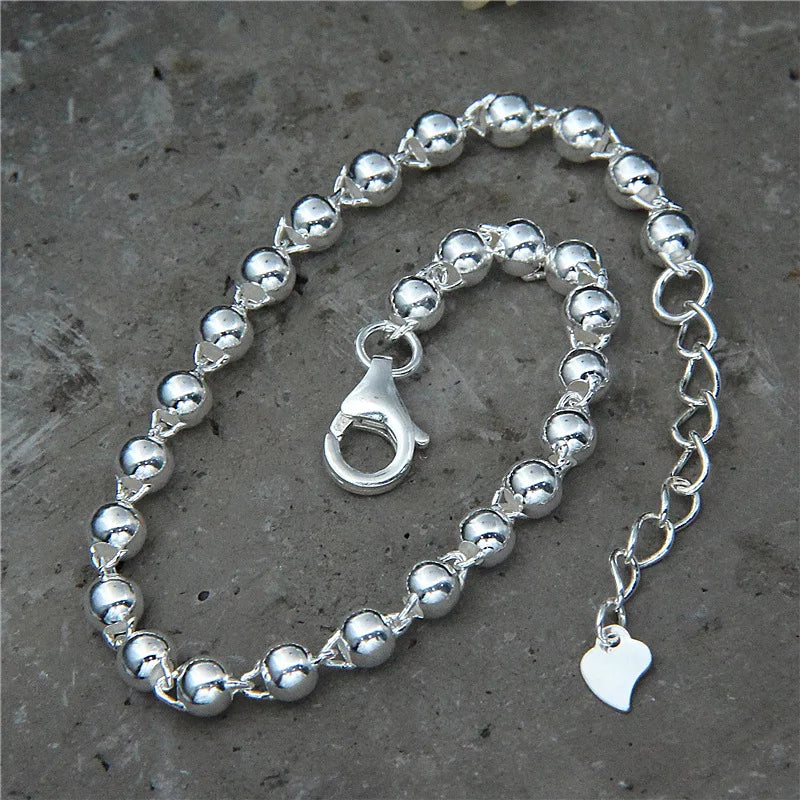 Sterling Silver S925 4MM Ball Bead Bracelet Lucky Buddha Bead Hand Jewelry
