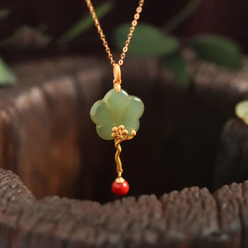 Silver Gilding Hetian Jade Necklace Plum Fan Pendant Retro