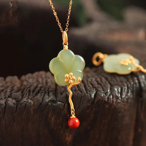 Silver Gilding Hetian Jade Necklace Plum Fan Pendant Retro