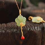 Silver Gilding Hetian Jade Necklace Plum Fan Pendant Retro