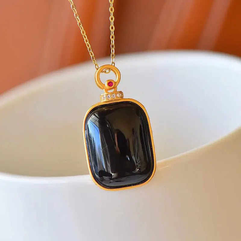 Sterling Silver Hetian Jade Square Plate Pendant Necklace