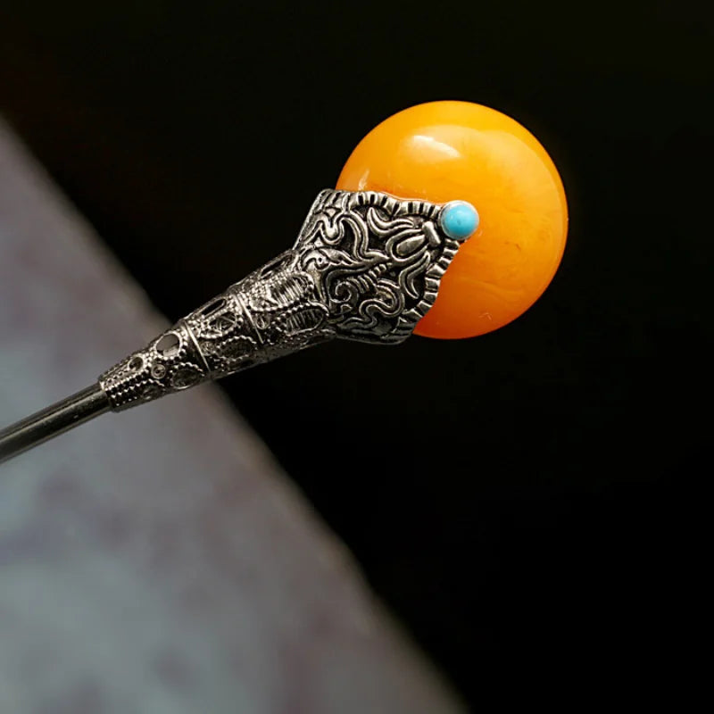 Vintage S925 Palace Round Honey Wax Hairpin Hanfu Accessories Tiara