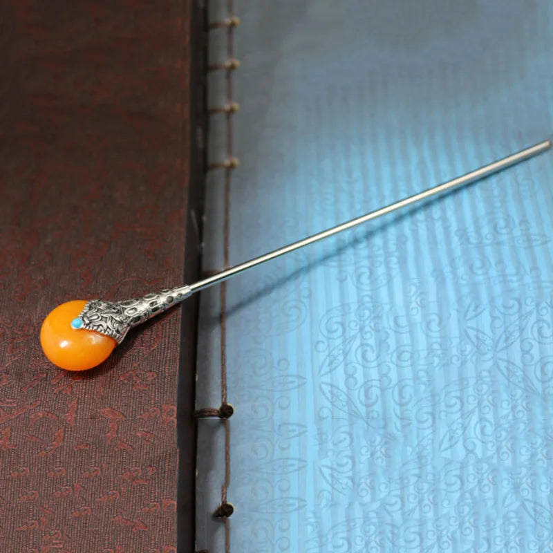 Vintage S925 Palace Round Honey Wax Hairpin Hanfu Accessories Tiara
