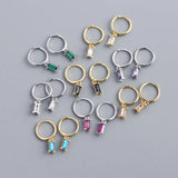 925 Sterling Silver Hoop Earrings with Real Diamond Stone Drop Charm