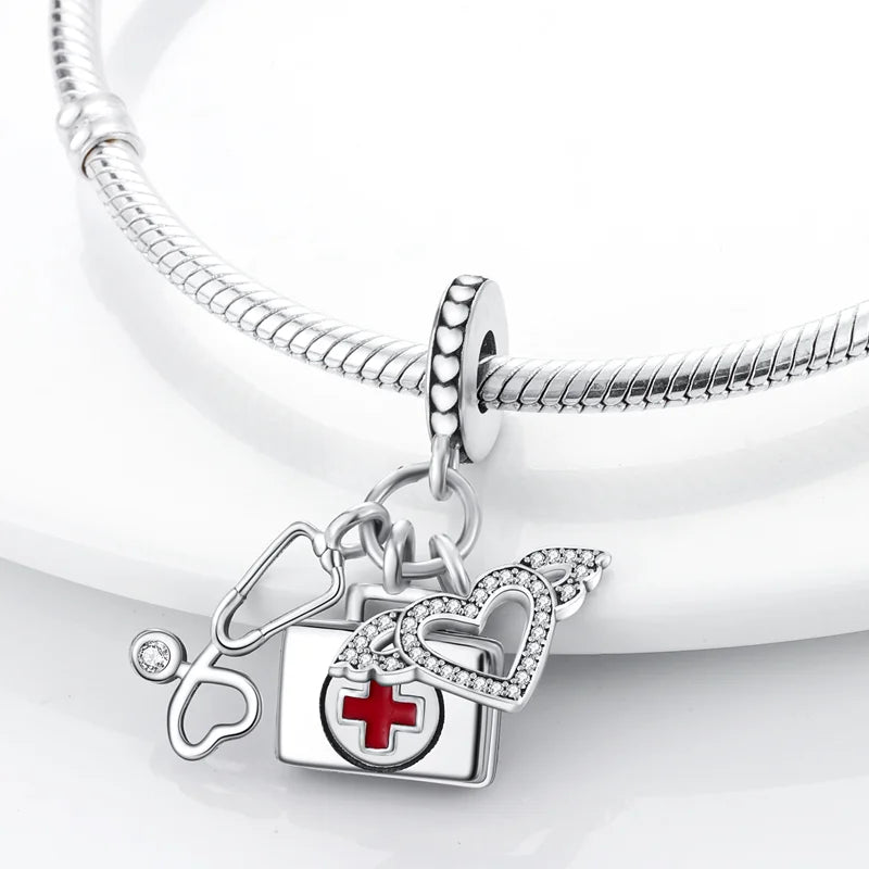Stethoscope First Aid Kit Pendant Charm Beads Silver Bracelet DIY Jewelry