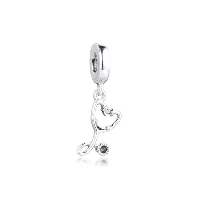 Stethoscope Heart Dangle Charm for Bracelets - 925 Sterling Silver Pendant