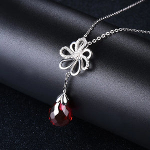 S925 Silver Red Crystal Ruby Teardrop Dangle Pendant Necklace