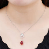 S925 Silver Red Crystal Ruby Teardrop Dangle Pendant Necklace