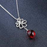 S925 Silver Red Crystal Ruby Teardrop Dangle Pendant Necklace