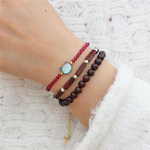 Red Crystal Bloodstone Bracelet Set with Cat Charm, 3PCS