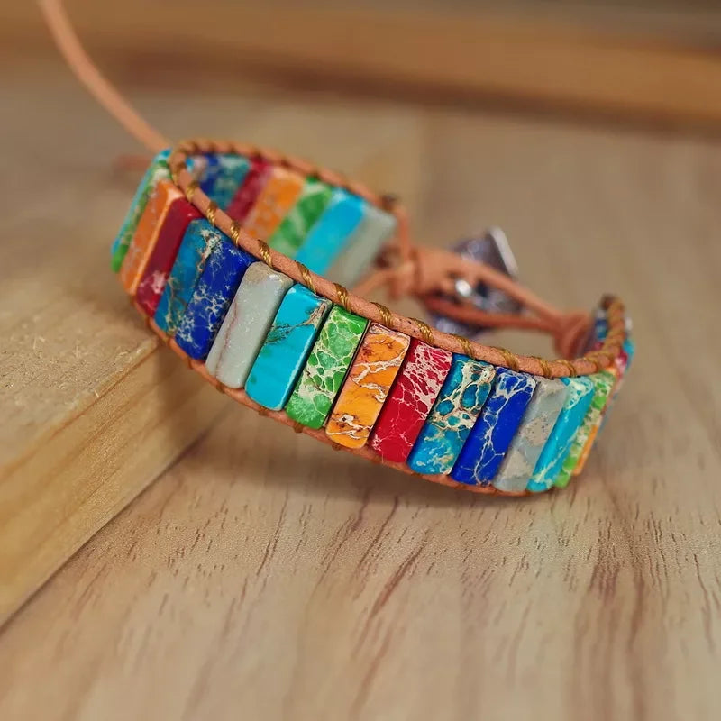 Stone Chakra Bracelet Tube Beads Leather Wrap Creative Couples Bracelets