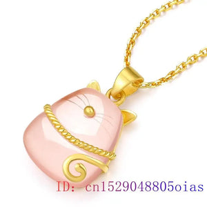 Jade Cat Necklace Pendant 925 Silver Jewelry Zircon Charms Pink