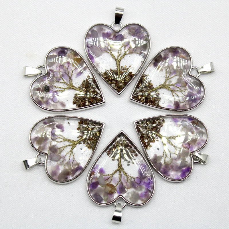 Amethyst Crystal 7 Chakra Reiki Healing Tree Heart Pendants