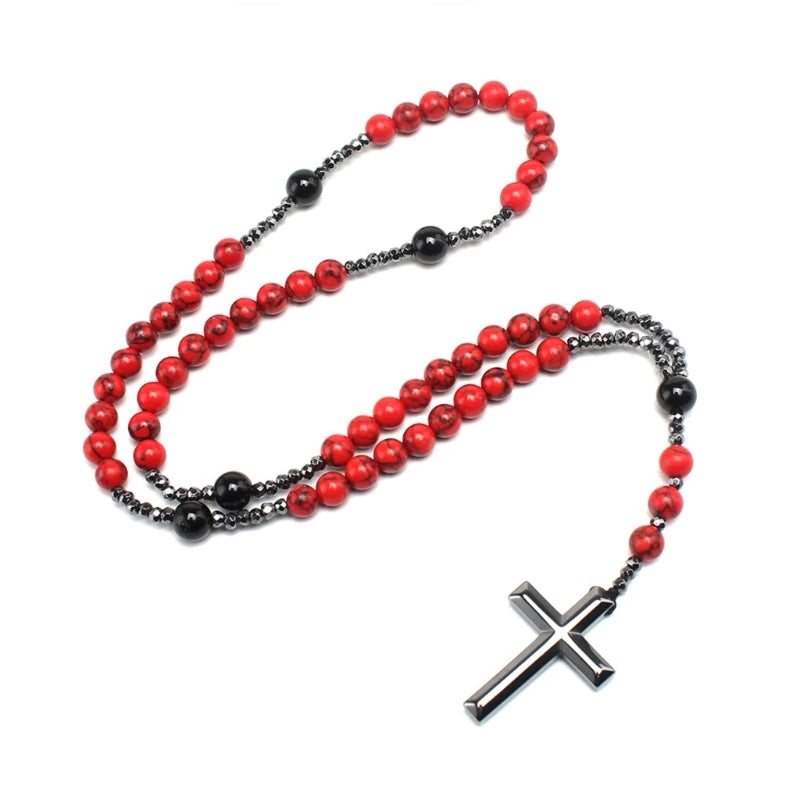 Stone Rosary Hematite Pendant Necklace Christian Religious Gift