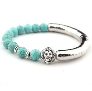 Stone Round Beads Silver Bangle Bracelet Women Jewelry Gift