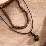 Stone & Wood Bead Necklace with Ball Pendant for Men
