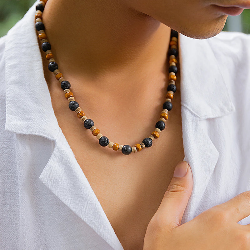 Stone and Wood Beaded Short Choker Necklace for Men