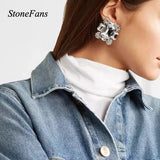 StoneFans Square Clip Earrings Clear Crystal Rhinestone Clip on Earrings