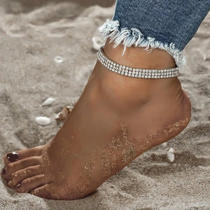 Stonefans 3 Rows Rhinestone Ankle Chains for Women Stretchy Anklet Bracelet