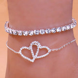 Stonefans 2Pcs Double Love Heart Rhinestone Anklet Set for Women