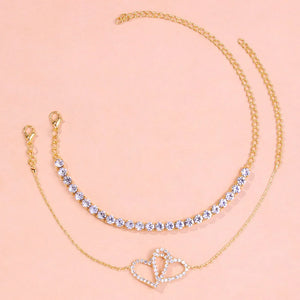 Stonefans 2Pcs Double Love Heart Rhinestone Anklet Set for Women