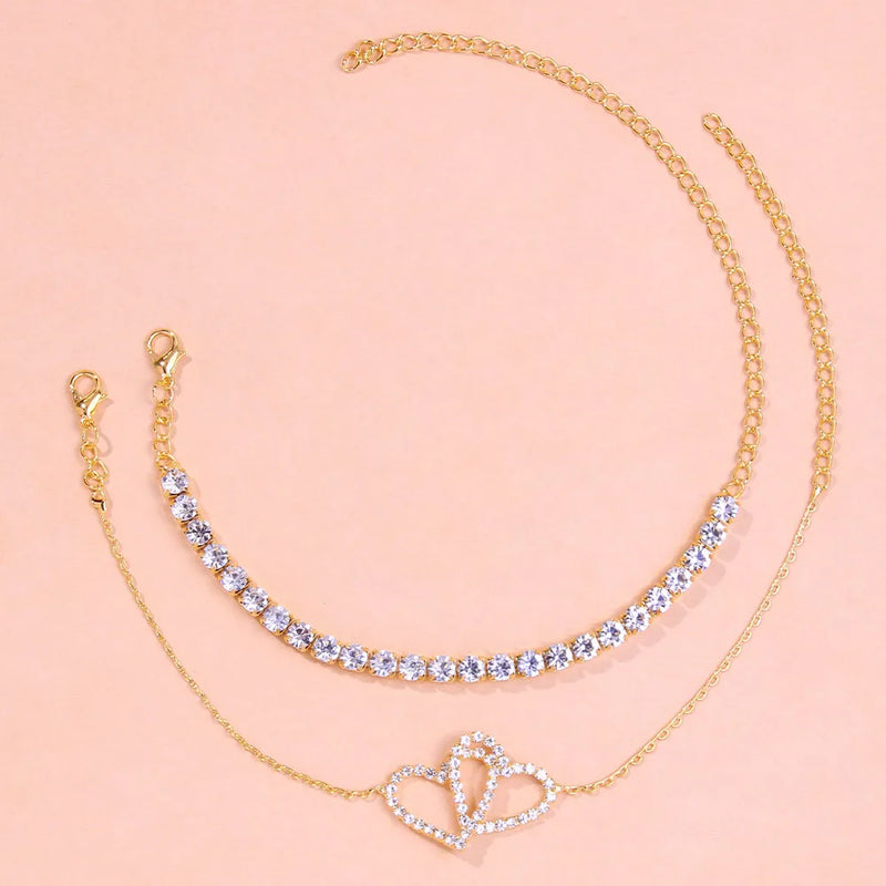 Stonefans 2Pcs Double Love Heart Rhinestone Anklet Set for Women