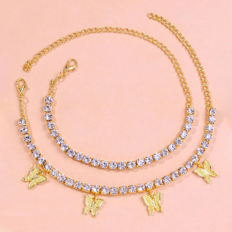 Stonefans 2Pcs Rhinestone Butterfly Anklets Holiday Pendant Ankle Bracelet