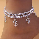 Stonefans Rhinestone Dollar Anklets 2Pcs/Set Boho Summer Foot Chain Bracelet