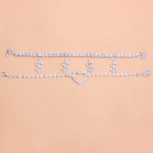 Stonefans Money and Heart Rhinestone Anklet Set - Beach Foot Chain Jewelry