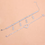 Stonefans Money and Heart Rhinestone Anklet Set - Beach Foot Chain Jewelry