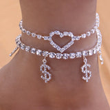 Stonefans Money and Heart Rhinestone Anklet Set - Beach Foot Chain Jewelry