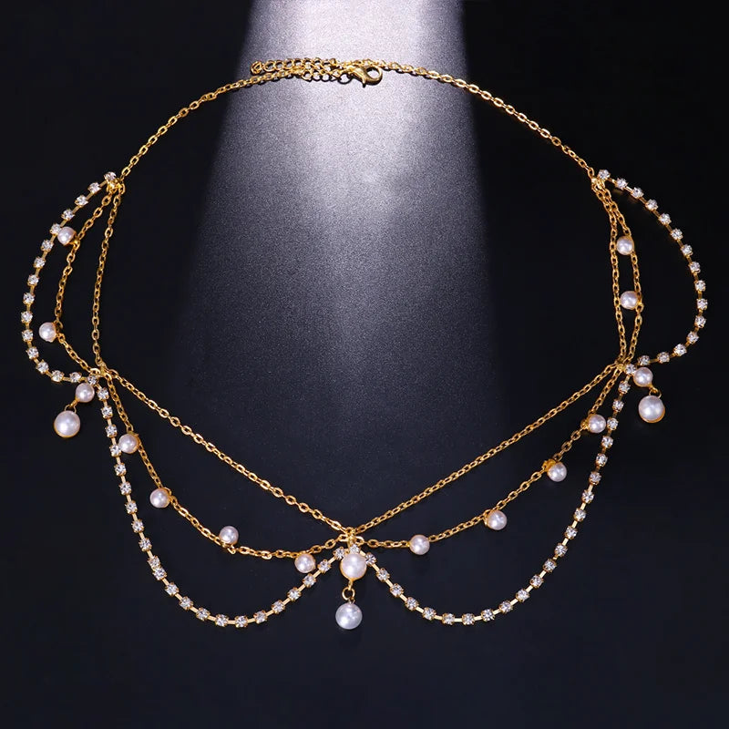 Stonefans Bohemian Rhinestone Pendant Pearls Forehead for Women Bridal
